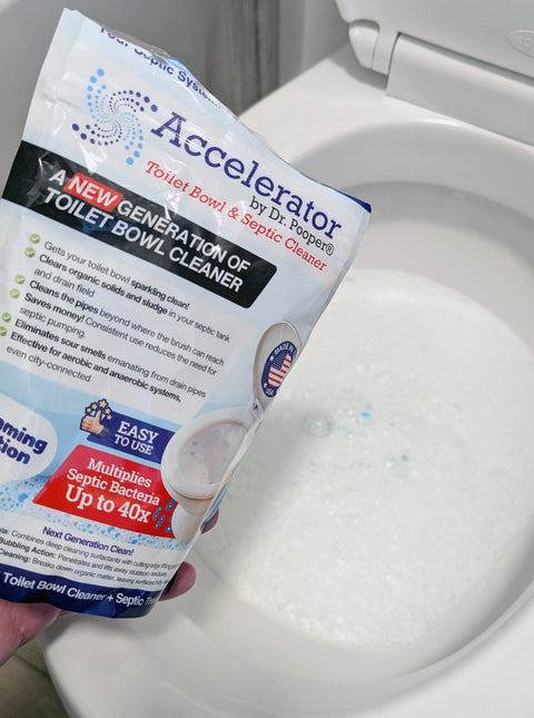 The 2-in-1 Toilet Bowl & Septic Cleaner from Dr. Pooper uses a combination of polymers and surfactants for strong foaming action to clean stains and grime in toilets