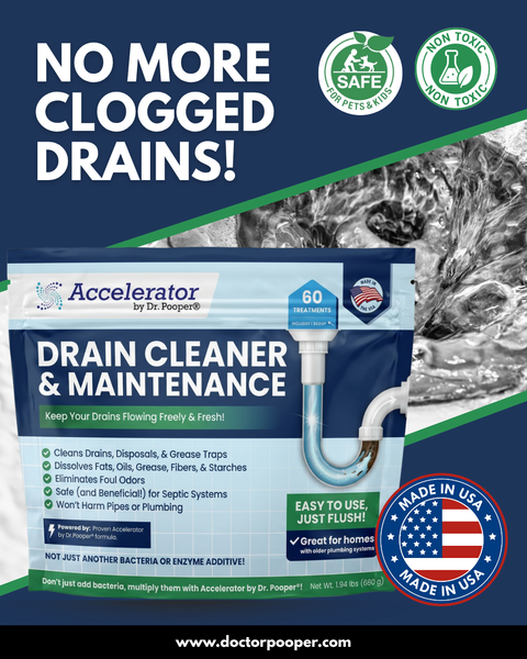 Dr. Pooper Drain Cleaner and Maintenance product feature graphic for clearing organic clogs and grease