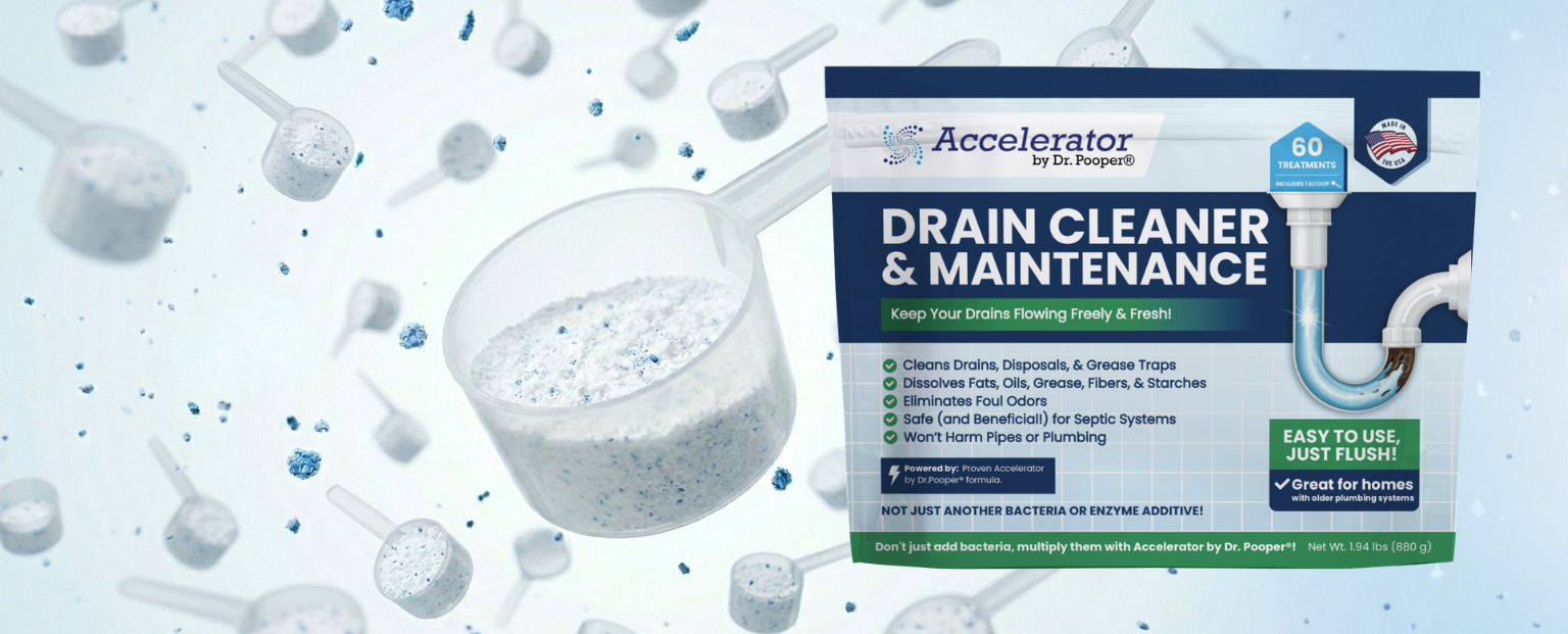 Dr. Pooper product package with scattered tablets on a pale background, wide desktop banner