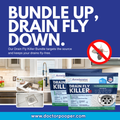 Advertisement for drain fly killer with text 'Bundle Up, Drain Fly Down' and images of a kitchen.