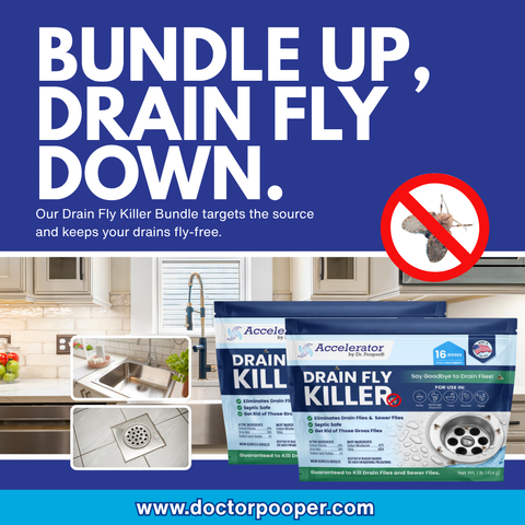 Advertisement for drain fly killer with text 'Bundle Up, Drain Fly Down' and images of a kitchen.