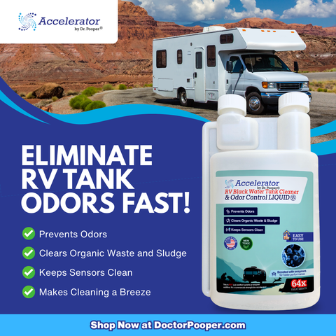 RV Black Water Tank Cleaner & Odor Control Liquid by Dr. Pooper® – Accelerator Bio-Formula | 64 Treatments | Enzyme-Boosted, Non-Toxic, Prevents Odors, Clears Waste & Keeps Sensors Clean | Made in USA