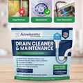 Drain cleaner and maintenance product packaging with images of a clogged drain, clean drain, and sink with water flowing.