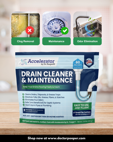 Drain cleaner and maintenance product packaging with images of a clogged drain, clean drain, and sink with water flowing.