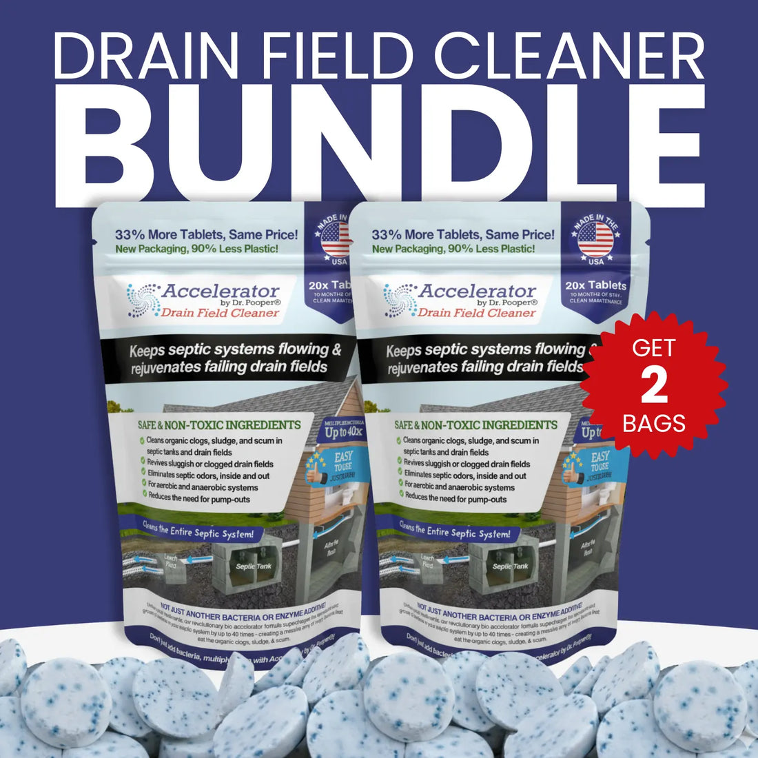 Two packages of Drain Field Cleaner with a blue background