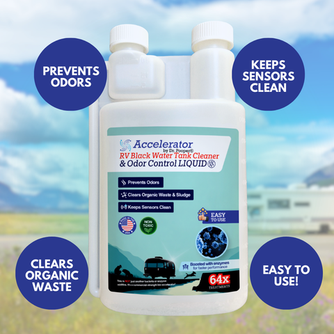 RV Black Water Tank Cleaner & Odor Control Liquid by Dr. Pooper® – Accelerator Bio-Formula | 64 Treatments | Enzyme-Boosted, Non-Toxic, Prevents Odors, Clears Waste & Keeps Sensors Clean | Made in USA