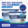 Drain fly killer packages with promotional text and website URL on a blue and white background