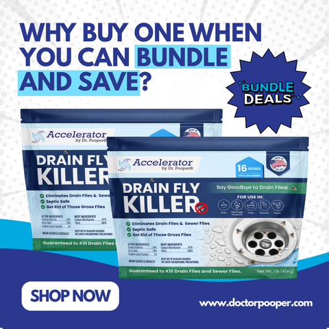 Drain fly killer packages with promotional text and website URL on a blue and white background