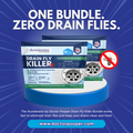 Drain fly killer product with promotional text on a blue background