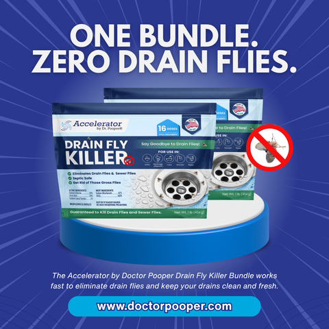 Drain fly killer product with promotional text on a blue background