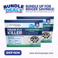 Drain fly killer packaging with promotional text on a white background