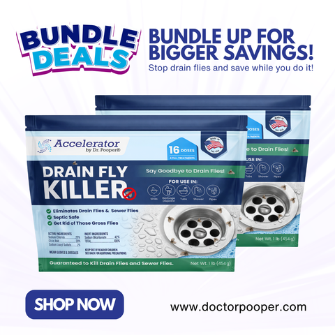 Drain fly killer packaging with promotional text on a white background