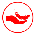 Red hand holding a feather icon within a circular border