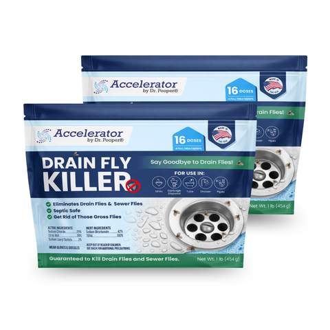 Two packages of Accelerator Drain Fly Killer on a white background