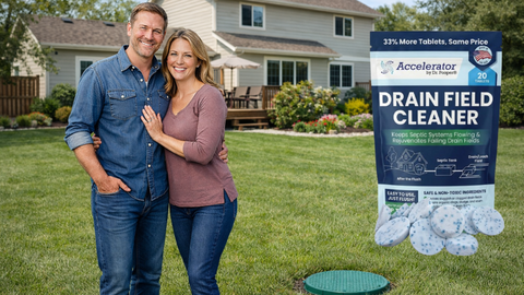 couple in a garden beside a septic tank cover with a new packaging of Drain Field cleaner on the rght side