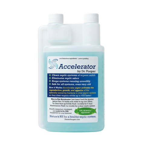 Accelerator by Dr. Pooper liquid septic tank cleaner bottle front label