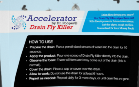 Instructions for using Accelerator by Dr. Pooper drain fly killer on a blue background.