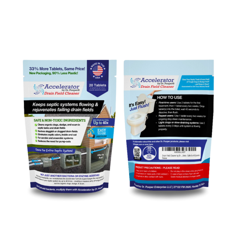 Front and back of the Accelerator by Dr. Pooper Drain Field Cleaner tablets package. 