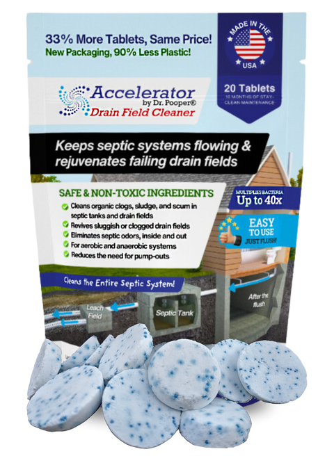 Drain Field Cleaner tablets by Dr. Pooper are the first real innovation in septic treatments in decades and are guaranteed to work. 