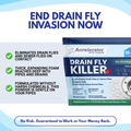 Drain fly killer product with text highlighting features and benefits on a light blue background