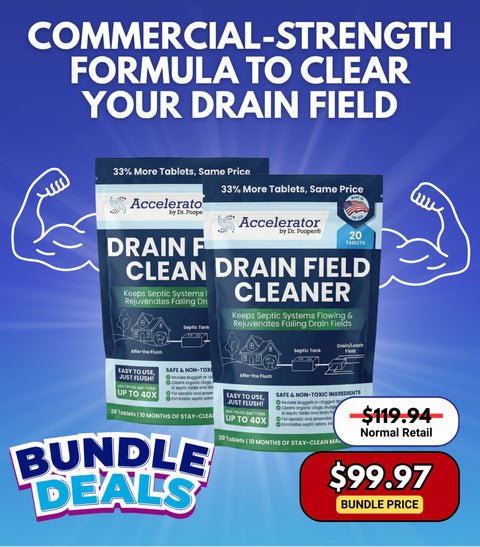 Doctor Pooper promotional graphic for commercial strength drain and septic treatment