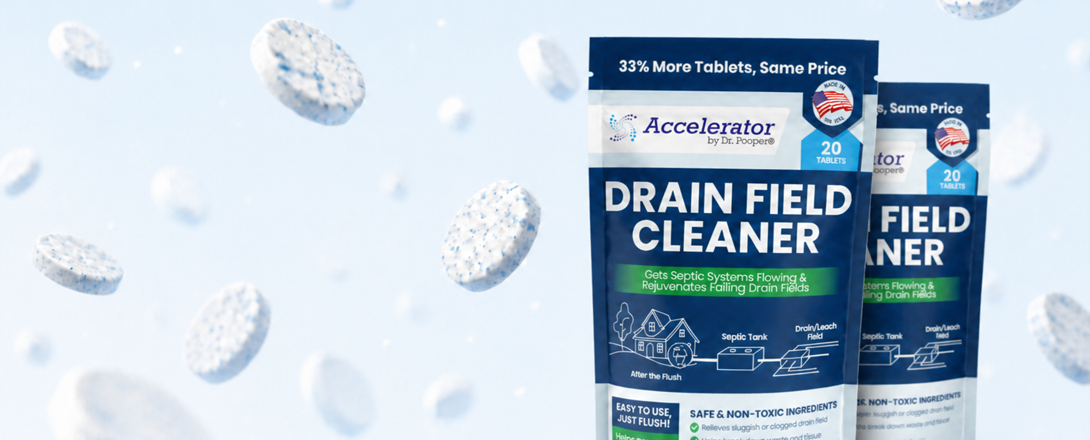 Dr. Pooper product packaging on a pale background scattered with water droplets