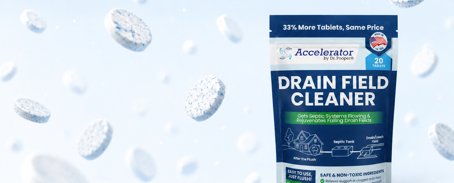 Bag of Drain Field Cleaner with tablets on a light blue background