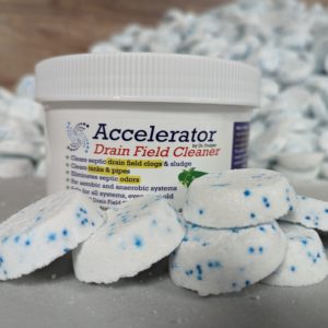 Drain Field Cleaner tablets for cleaning clogged drain fields and septic tanks.